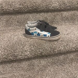 Vans Kids Black Sneakers with Blue & White Geometric Panels - Velcro